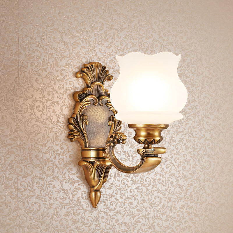 Milky Glass Wall Lighting Fixture Petal Shade 1/2-Light Traditional Stylish Wall Mount Lamp in Brass Clearhalo 'Wall Lamps & Sconces' 'Wall Lights' Lighting' 275496