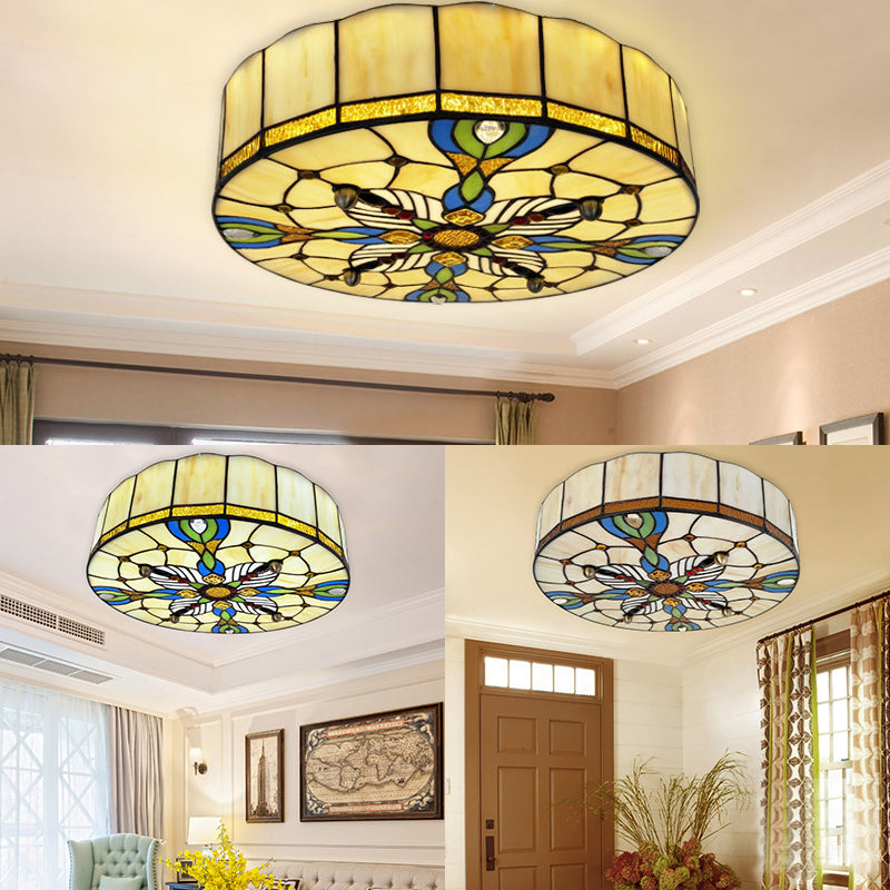 16"/19.5" Wide Drum Flush Ceiling Light Tiffany Lodge Stained Glass Shade Flush Mount Light in Beige for Dining Room Clearhalo 'Ceiling Lights' 'Close To Ceiling Lights' 'Close to ceiling' 'Flush mount' Lighting' 27550