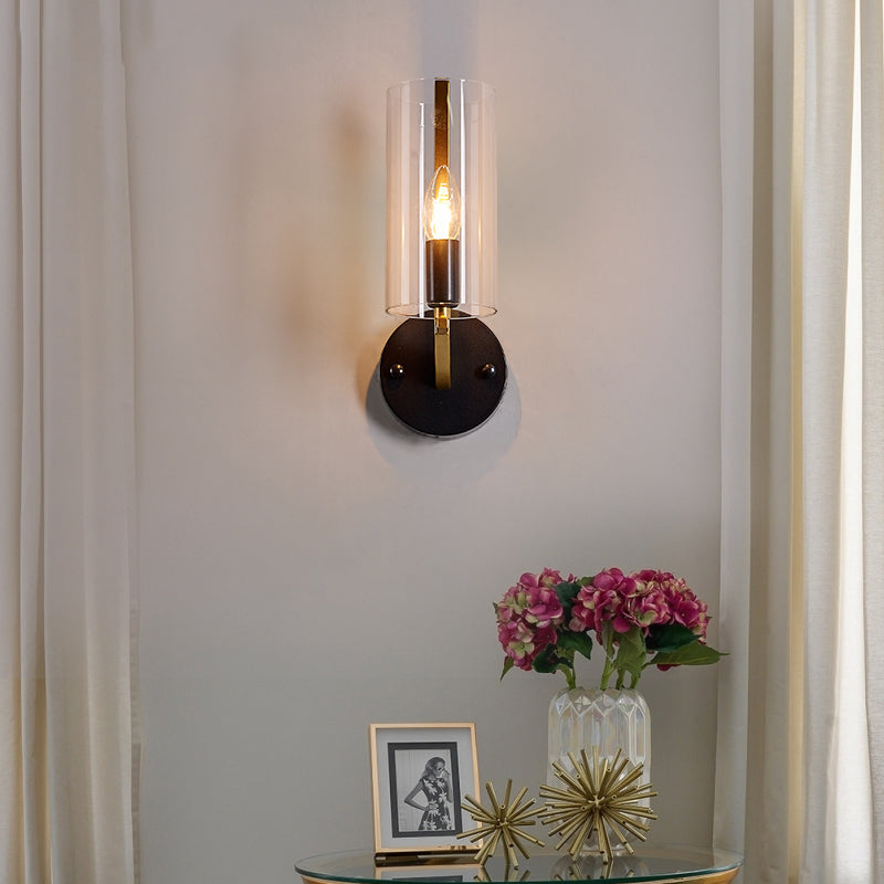Black Tube Wall Light Retro 1 Light Transparent Glass Sconce Light Fixture with Brass Arm Clearhalo 'Cast Iron' 'Glass' 'Industrial' 'Modern wall lights' 'Modern' 'Tiffany' 'Traditional wall lights' 'Wall Lamps & Sconces' 'Wall Lights' Lighting' 275521