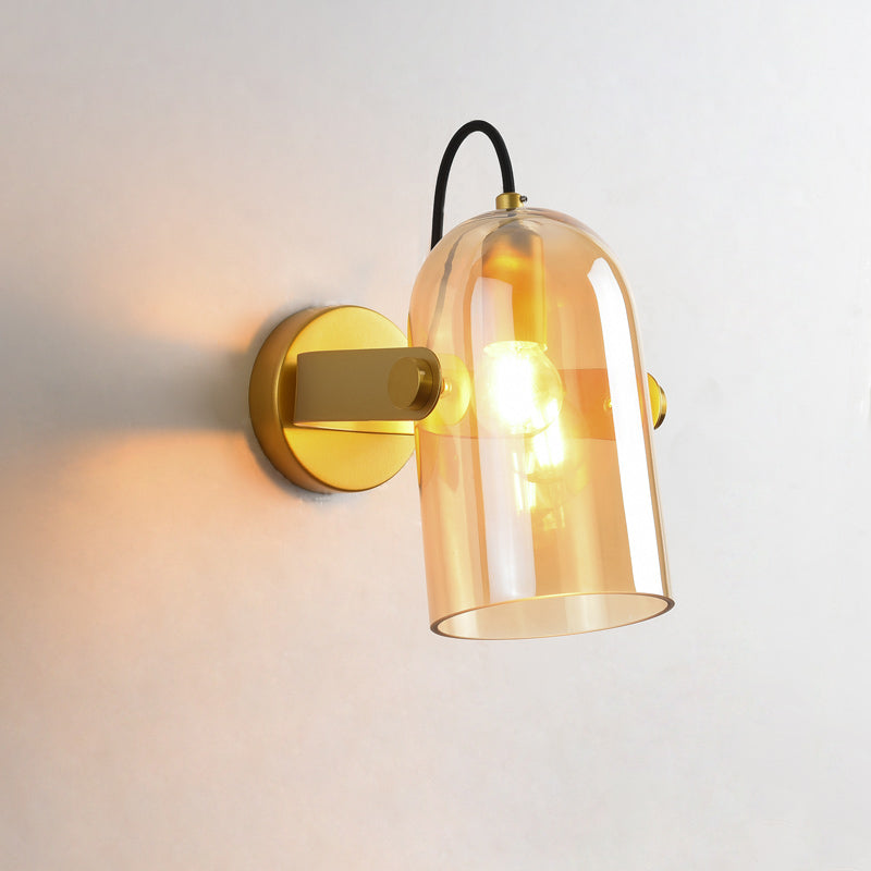 Retro Style Cloche Sconce Light 1 Bulb Amber/Blue/Smoke Gray Glass Bedroom Wall Mounted Lamp Kit in Brass Finish Amber Clearhalo 'Cast Iron' 'Glass' 'Industrial' 'Modern wall lights' 'Modern' 'Tiffany' 'Traditional wall lights' 'Wall Lamps & Sconces' 'Wall Lights' Lighting' 275568