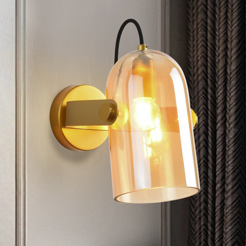 Retro Style Cloche Sconce Light 1 Bulb Amber/Blue/Smoke Gray Glass Bedroom Wall Mounted Lamp Kit in Brass Finish Clearhalo 'Cast Iron' 'Glass' 'Industrial' 'Modern wall lights' 'Modern' 'Tiffany' 'Traditional wall lights' 'Wall Lamps & Sconces' 'Wall Lights' Lighting' 275569