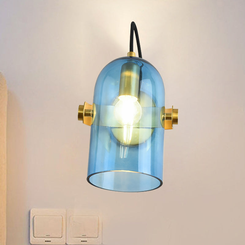 Retro Style Cloche Sconce Light 1 Bulb Amber/Blue/Smoke Gray Glass Bedroom Wall Mounted Lamp Kit in Brass Finish Blue Clearhalo 'Cast Iron' 'Glass' 'Industrial' 'Modern wall lights' 'Modern' 'Tiffany' 'Traditional wall lights' 'Wall Lamps & Sconces' 'Wall Lights' Lighting' 275573