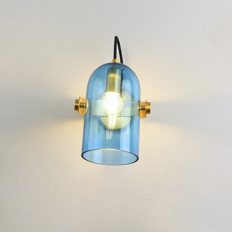 Retro Style Cloche Sconce Light 1 Bulb Amber/Blue/Smoke Gray Glass Bedroom Wall Mounted Lamp Kit in Brass Finish Clearhalo 'Cast Iron' 'Glass' 'Industrial' 'Modern wall lights' 'Modern' 'Tiffany' 'Traditional wall lights' 'Wall Lamps & Sconces' 'Wall Lights' Lighting' 275574