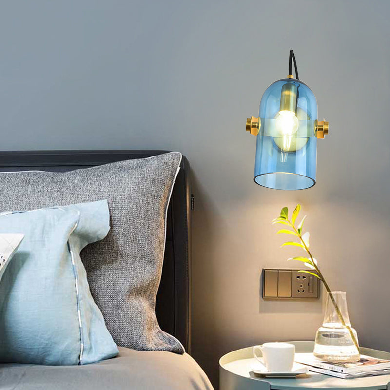 Retro Style Cloche Sconce Light 1 Bulb Amber/Blue/Smoke Gray Glass Bedroom Wall Mounted Lamp Kit in Brass Finish Clearhalo 'Cast Iron' 'Glass' 'Industrial' 'Modern wall lights' 'Modern' 'Tiffany' 'Traditional wall lights' 'Wall Lamps & Sconces' 'Wall Lights' Lighting' 275575