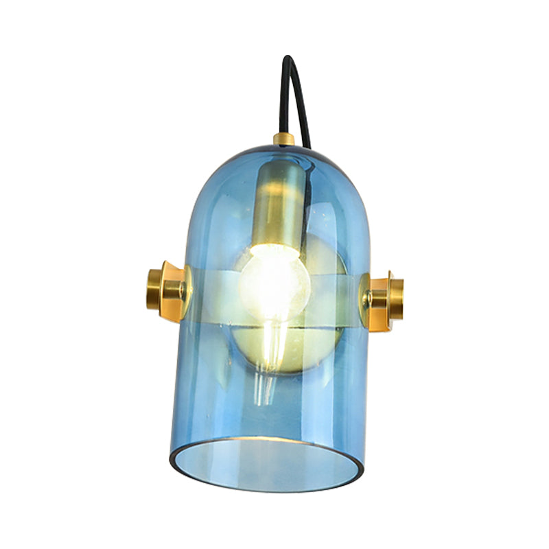 Retro Style Cloche Sconce Light 1 Bulb Amber/Blue/Smoke Gray Glass Bedroom Wall Mounted Lamp Kit in Brass Finish Clearhalo 'Cast Iron' 'Glass' 'Industrial' 'Modern wall lights' 'Modern' 'Tiffany' 'Traditional wall lights' 'Wall Lamps & Sconces' 'Wall Lights' Lighting' 275576