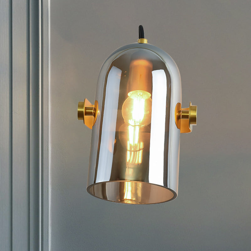 Retro Style Cloche Sconce Light 1 Bulb Amber/Blue/Smoke Gray Glass Bedroom Wall Mounted Lamp Kit in Brass Finish Smoke Gray Clearhalo 'Cast Iron' 'Glass' 'Industrial' 'Modern wall lights' 'Modern' 'Tiffany' 'Traditional wall lights' 'Wall Lamps & Sconces' 'Wall Lights' Lighting' 275579