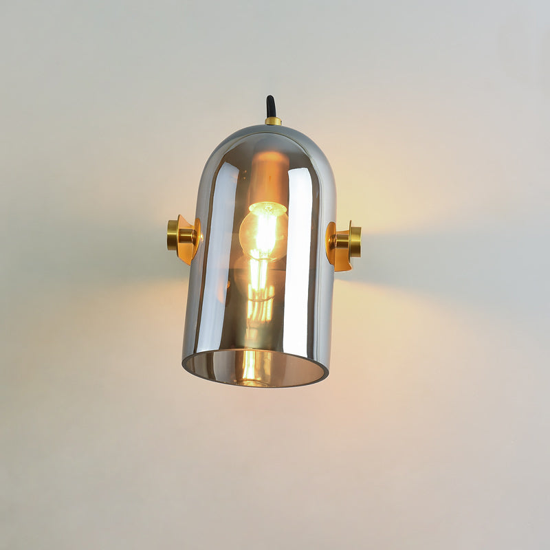 Retro Style Cloche Sconce Light 1 Bulb Amber/Blue/Smoke Gray Glass Bedroom Wall Mounted Lamp Kit in Brass Finish Clearhalo 'Cast Iron' 'Glass' 'Industrial' 'Modern wall lights' 'Modern' 'Tiffany' 'Traditional wall lights' 'Wall Lamps & Sconces' 'Wall Lights' Lighting' 275580