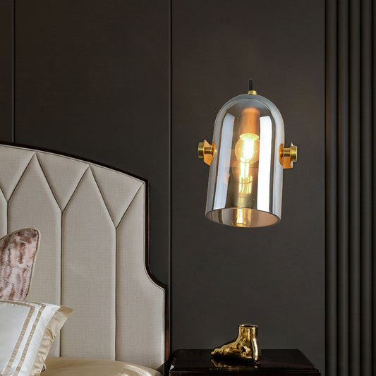 Retro Style Cloche Sconce Light 1 Bulb Amber/Blue/Smoke Gray Glass Bedroom Wall Mounted Lamp Kit in Brass Finish Clearhalo 'Cast Iron' 'Glass' 'Industrial' 'Modern wall lights' 'Modern' 'Tiffany' 'Traditional wall lights' 'Wall Lamps & Sconces' 'Wall Lights' Lighting' 275581