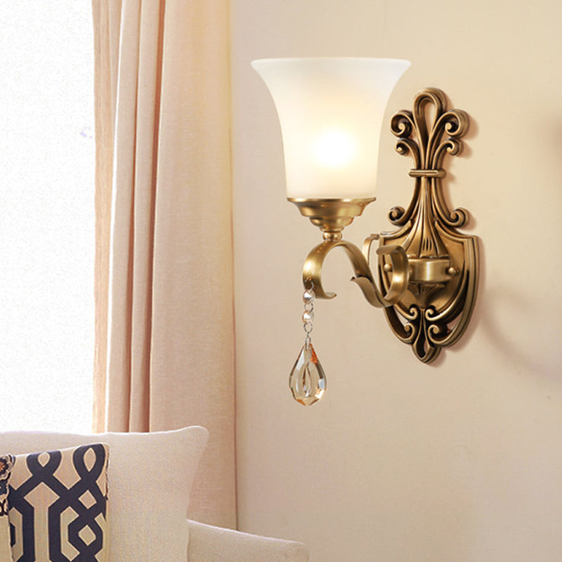 White Glass Bell Wall Sconce Light Vintage Style 1/2-Head Bedroom Brass Finish Wall Lighting with Clear Crystal Accent Clearhalo 'Wall Lamps & Sconces' 'Wall Lights' Lighting' 275585