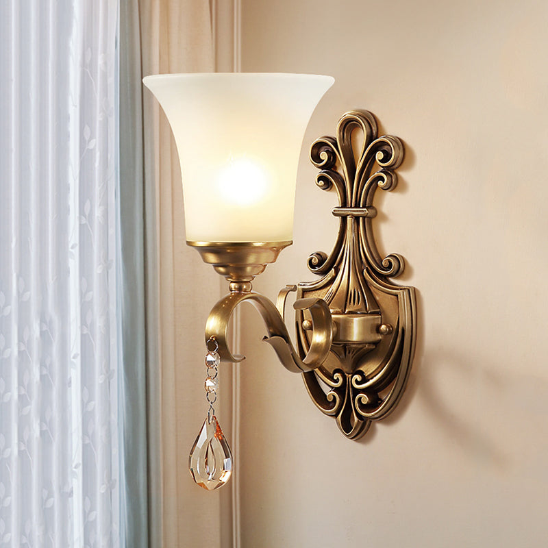 White Glass Bell Wall Sconce Light Vintage Style 1/2-Head Bedroom Brass Finish Wall Lighting with Clear Crystal Accent Clearhalo 'Wall Lamps & Sconces' 'Wall Lights' Lighting' 275586