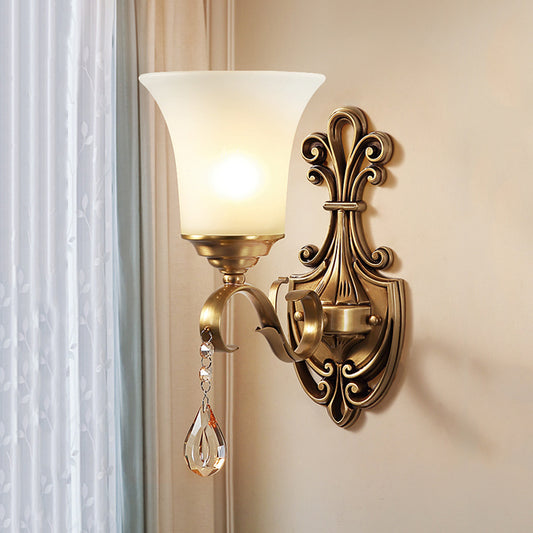 White Glass Bell Wall Sconce Light Vintage Style 1/2-Head Bedroom Brass Finish Wall Lighting with Clear Crystal Accent Clearhalo 'Wall Lamps & Sconces' 'Wall Lights' Lighting' 275586