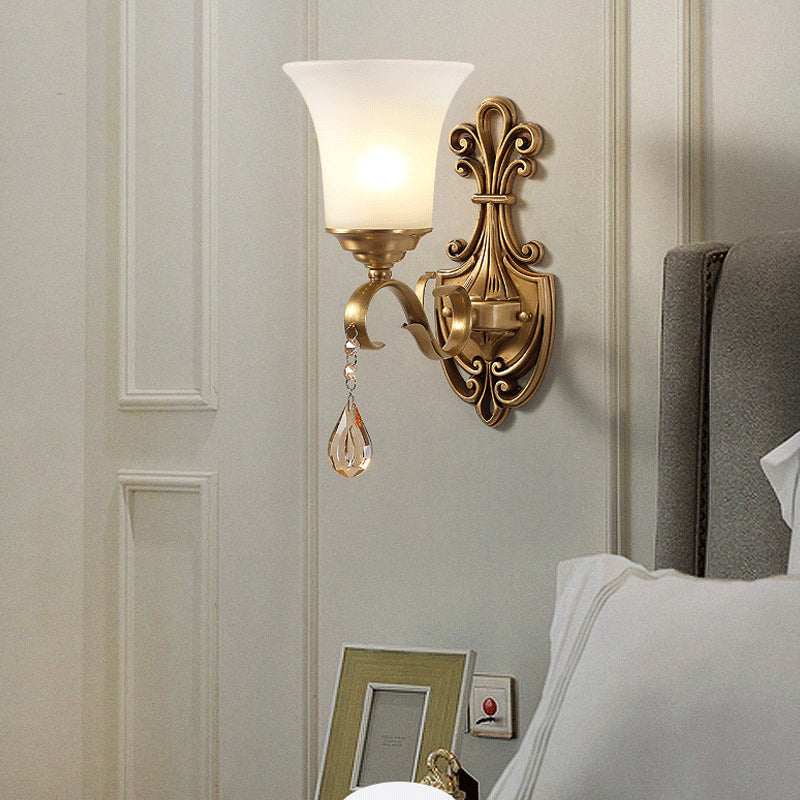 White Glass Bell Wall Sconce Light Vintage Style 1/2-Head Bedroom Brass Finish Wall Lighting with Clear Crystal Accent Clearhalo 'Wall Lamps & Sconces' 'Wall Lights' Lighting' 275587