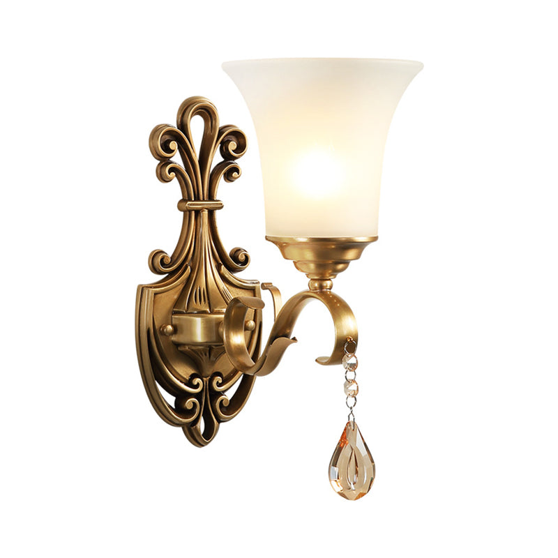 White Glass Bell Wall Sconce Light Vintage Style 1/2-Head Bedroom Brass Finish Wall Lighting with Clear Crystal Accent Clearhalo 'Wall Lamps & Sconces' 'Wall Lights' Lighting' 275589