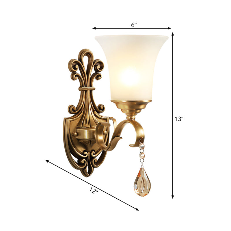 White Glass Bell Wall Sconce Light Vintage Style 1/2-Head Bedroom Brass Finish Wall Lighting with Clear Crystal Accent Clearhalo 'Wall Lamps & Sconces' 'Wall Lights' Lighting' 275590