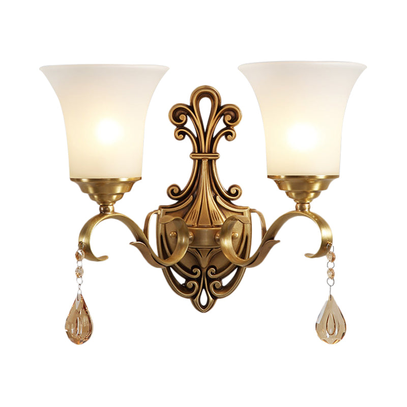 White Glass Bell Wall Sconce Light Vintage Style 1/2-Head Bedroom Brass Finish Wall Lighting with Clear Crystal Accent Clearhalo 'Wall Lamps & Sconces' 'Wall Lights' Lighting' 275595