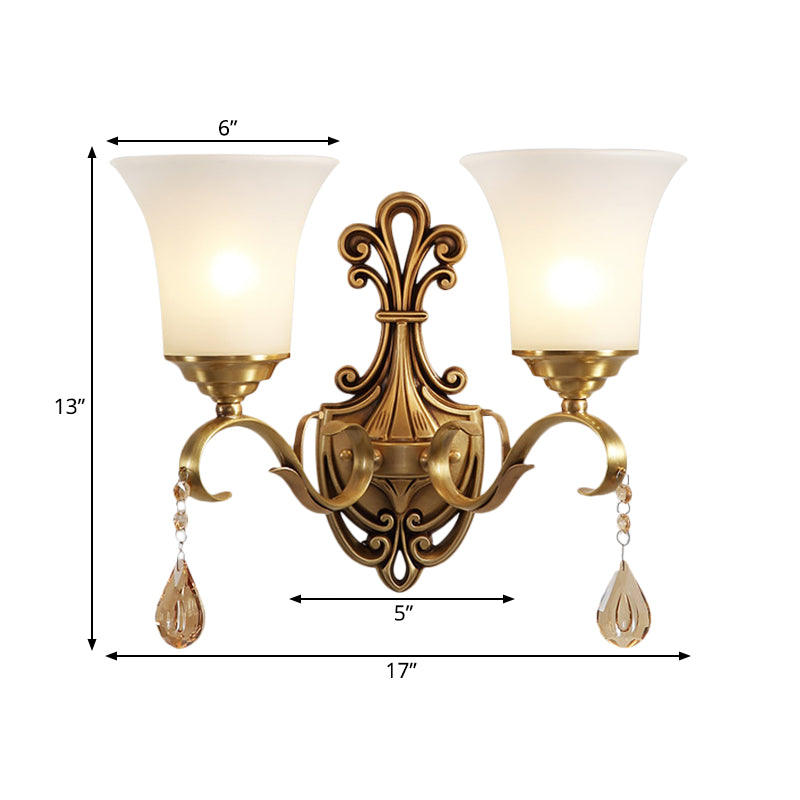 White Glass Bell Wall Sconce Light Vintage Style 1/2-Head Bedroom Brass Finish Wall Lighting with Clear Crystal Accent Clearhalo 'Wall Lamps & Sconces' 'Wall Lights' Lighting' 275596