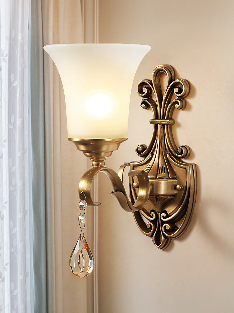 White Glass Bell Wall Sconce Light Vintage Style 1/2-Head Bedroom Brass Finish Wall Lighting with Clear Crystal Accent 1.0 Brass Clearhalo 'Wall Lamps & Sconces' 'Wall Lights' Lighting' 275597