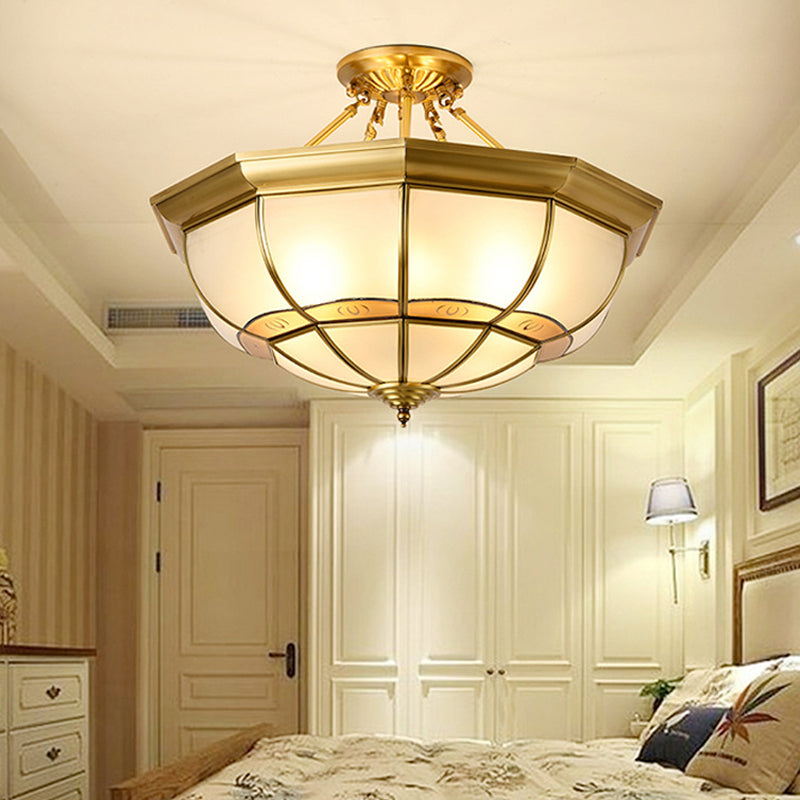 Brass 6-Light Ceiling Lighting Vintage Metal Dome Semi Flush Mount Light for Living Room Brass Clearhalo 'Ceiling Lights' 'Close To Ceiling Lights' 'Close to ceiling' 'Semi-flushmount' Lighting' 275598