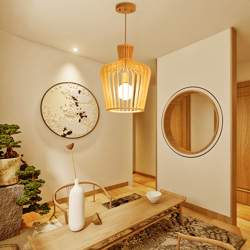 Modernism Urn/Gourd Pendant Lighting Wood 1 Bulb Hanging Light Fixture in Beige for Dining Room Clearhalo 'Ceiling Lights' 'Modern Pendants' 'Modern' 'Pendant Lights' 'Pendants' Lighting' 275606