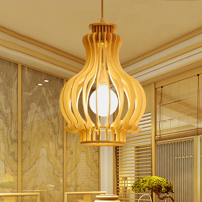 Modernism Urn/Gourd Pendant Lighting Wood 1 Bulb Hanging Light Fixture in Beige for Dining Room Clearhalo 'Ceiling Lights' 'Modern Pendants' 'Modern' 'Pendant Lights' 'Pendants' Lighting' 275611