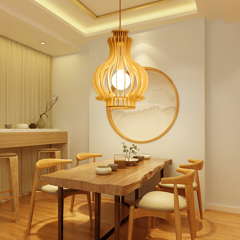 Modernism Urn/Gourd Pendant Lighting Wood 1 Bulb Hanging Light Fixture in Beige for Dining Room Clearhalo 'Ceiling Lights' 'Modern Pendants' 'Modern' 'Pendant Lights' 'Pendants' Lighting' 275612