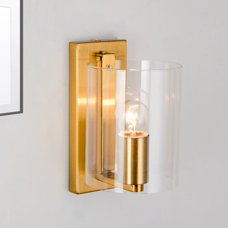 Cylindric Wall Light Sconce Post Modern Clear/Textured White Glass 1 Bulb Brass Finish Wall Lamp Clear Clearhalo 'Cast Iron' 'Glass' 'Industrial' 'Modern wall lights' 'Modern' 'Tiffany' 'Traditional wall lights' 'Wall Lamps & Sconces' 'Wall Lights' Lighting' 275616