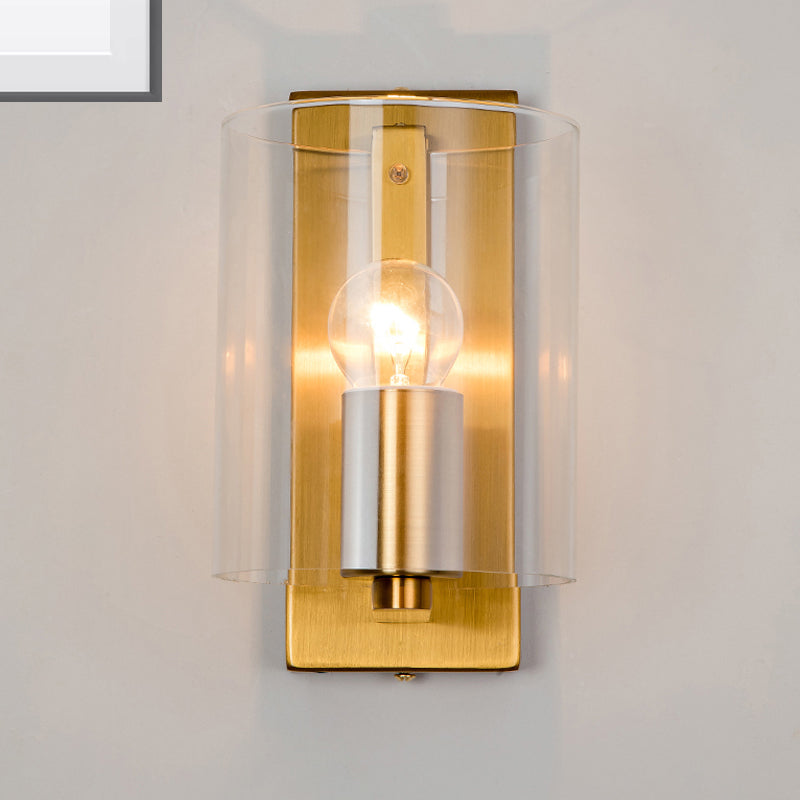 Cylindric Wall Light Sconce Post Modern Clear/Textured White Glass 1 Bulb Brass Finish Wall Lamp Clearhalo 'Cast Iron' 'Glass' 'Industrial' 'Modern wall lights' 'Modern' 'Tiffany' 'Traditional wall lights' 'Wall Lamps & Sconces' 'Wall Lights' Lighting' 275617