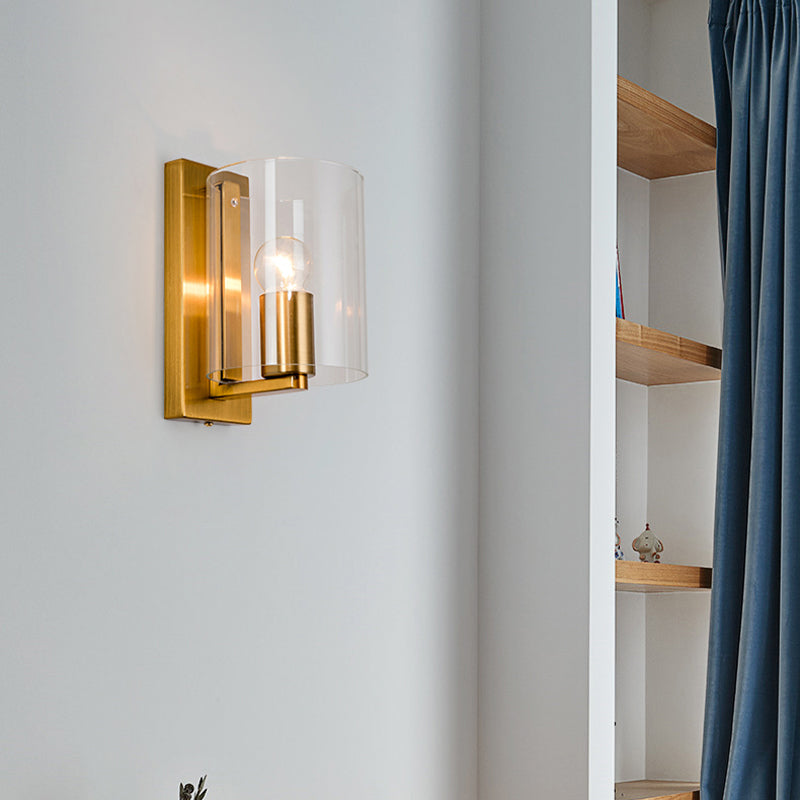 Cylindric Wall Light Sconce Post Modern Clear/Textured White Glass 1 Bulb Brass Finish Wall Lamp Clearhalo 'Cast Iron' 'Glass' 'Industrial' 'Modern wall lights' 'Modern' 'Tiffany' 'Traditional wall lights' 'Wall Lamps & Sconces' 'Wall Lights' Lighting' 275618
