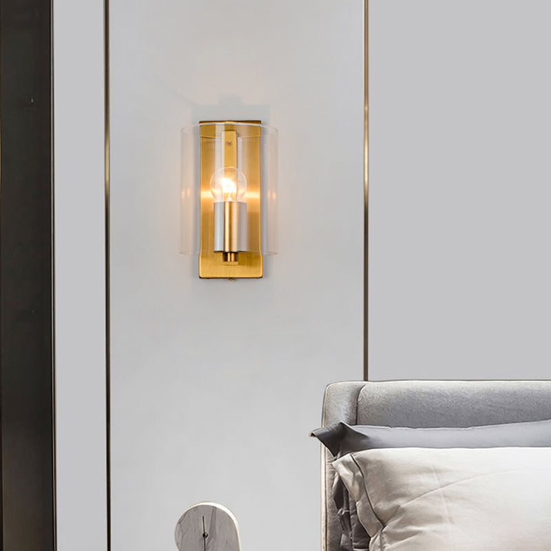 Cylindric Wall Light Sconce Post Modern Clear/Textured White Glass 1 Bulb Brass Finish Wall Lamp Clearhalo 'Cast Iron' 'Glass' 'Industrial' 'Modern wall lights' 'Modern' 'Tiffany' 'Traditional wall lights' 'Wall Lamps & Sconces' 'Wall Lights' Lighting' 275620