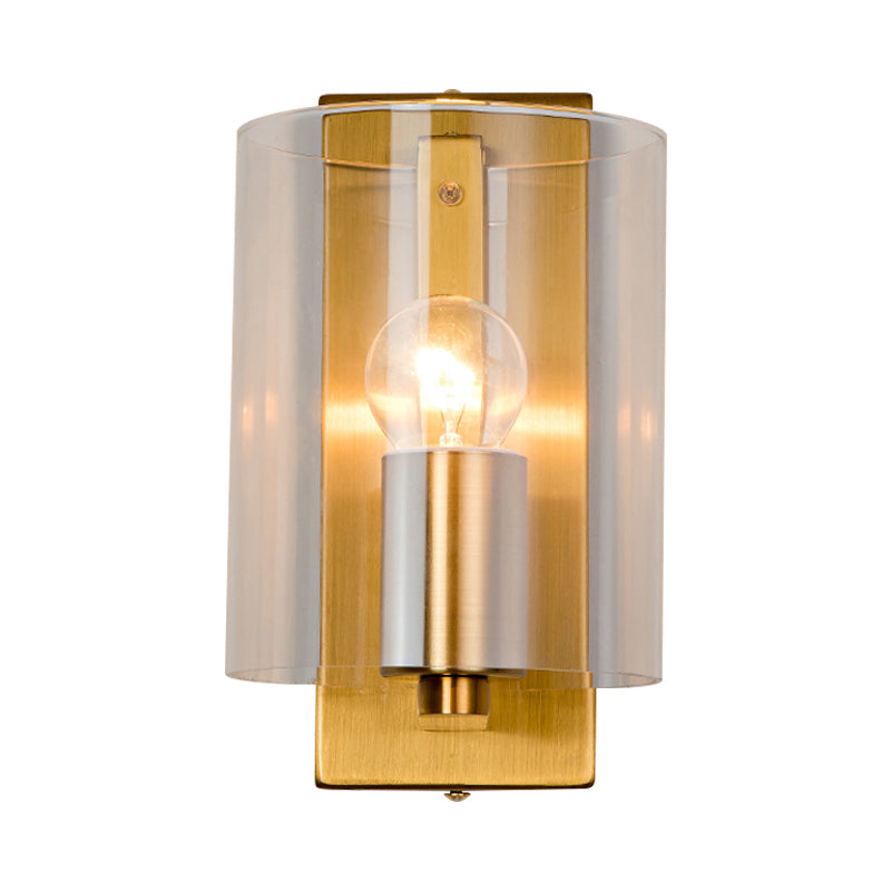 Cylindric Wall Light Sconce Post Modern Clear/Textured White Glass 1 Bulb Brass Finish Wall Lamp Clearhalo 'Cast Iron' 'Glass' 'Industrial' 'Modern wall lights' 'Modern' 'Tiffany' 'Traditional wall lights' 'Wall Lamps & Sconces' 'Wall Lights' Lighting' 275621