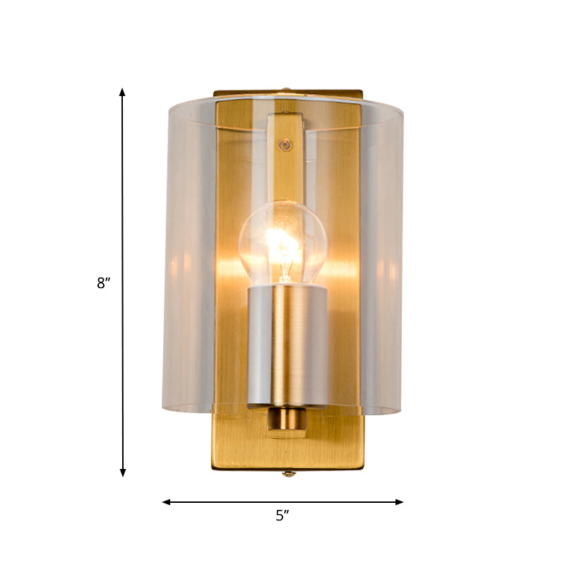 Cylindric Wall Light Sconce Post Modern Clear/Textured White Glass 1 Bulb Brass Finish Wall Lamp Clearhalo 'Cast Iron' 'Glass' 'Industrial' 'Modern wall lights' 'Modern' 'Tiffany' 'Traditional wall lights' 'Wall Lamps & Sconces' 'Wall Lights' Lighting' 275622