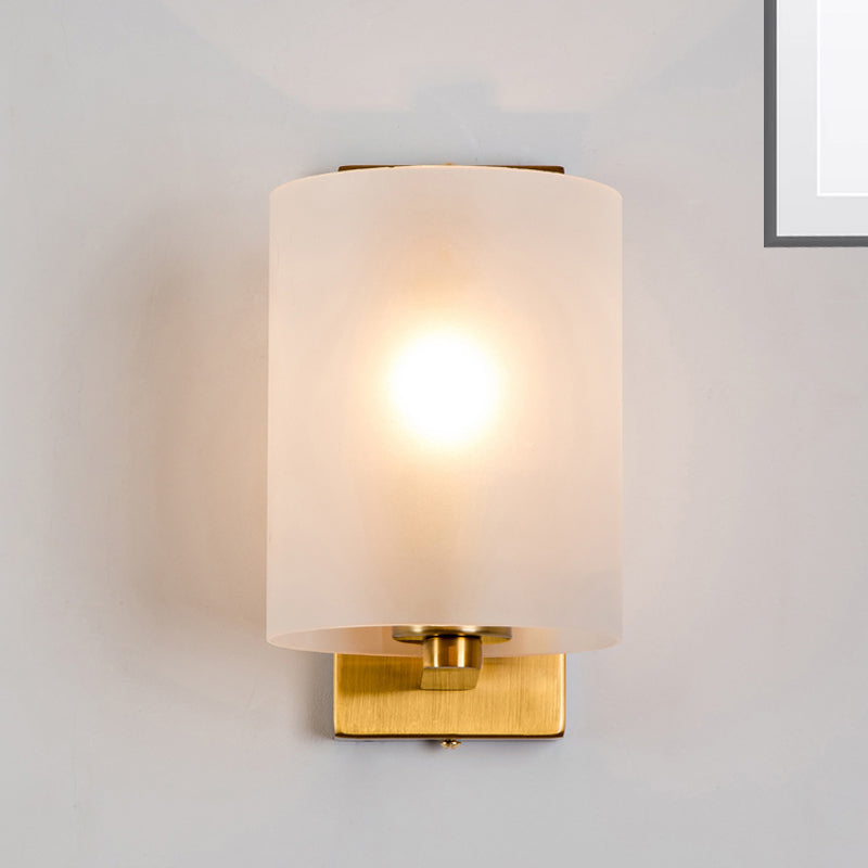 Cylindric Wall Light Sconce Post Modern Clear/Textured White Glass 1 Bulb Brass Finish Wall Lamp Textured White Clearhalo 'Cast Iron' 'Glass' 'Industrial' 'Modern wall lights' 'Modern' 'Tiffany' 'Traditional wall lights' 'Wall Lamps & Sconces' 'Wall Lights' Lighting' 275623