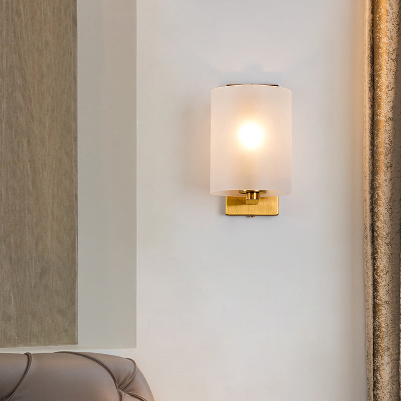 Cylindric Wall Light Sconce Post Modern Clear/Textured White Glass 1 Bulb Brass Finish Wall Lamp Clearhalo 'Cast Iron' 'Glass' 'Industrial' 'Modern wall lights' 'Modern' 'Tiffany' 'Traditional wall lights' 'Wall Lamps & Sconces' 'Wall Lights' Lighting' 275625
