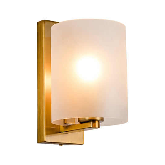 Cylindric Wall Light Sconce Post Modern Clear/Textured White Glass 1 Bulb Brass Finish Wall Lamp Clearhalo 'Cast Iron' 'Glass' 'Industrial' 'Modern wall lights' 'Modern' 'Tiffany' 'Traditional wall lights' 'Wall Lamps & Sconces' 'Wall Lights' Lighting' 275627