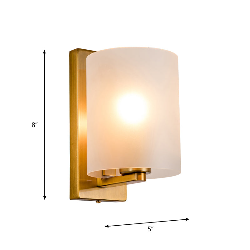 Cylindric Wall Light Sconce Post Modern Clear/Textured White Glass 1 Bulb Brass Finish Wall Lamp Clearhalo 'Cast Iron' 'Glass' 'Industrial' 'Modern wall lights' 'Modern' 'Tiffany' 'Traditional wall lights' 'Wall Lamps & Sconces' 'Wall Lights' Lighting' 275628