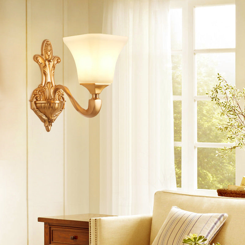 1/2-Bulb Wall Sconce Fixture Traditional Style Bell Shade Frosted Glass Wall Mount Light in Brass 1.0 Brass Clearhalo 'Wall Lamps & Sconces' 'Wall Lights' Lighting' 275635