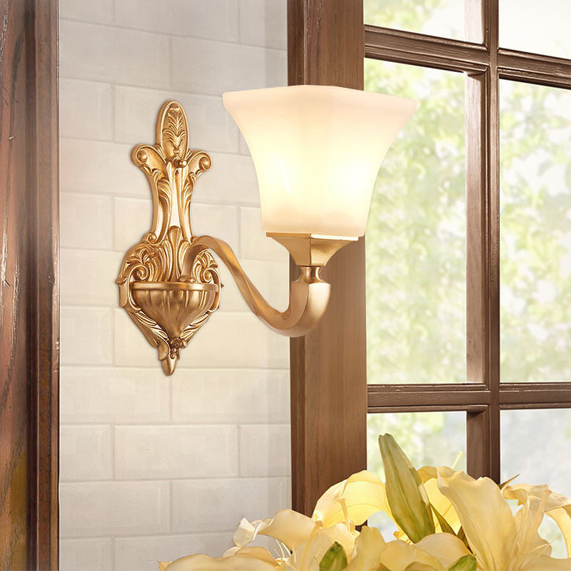 1/2-Bulb Wall Sconce Fixture Traditional Style Bell Shade Frosted Glass Wall Mount Light in Brass Clearhalo 'Wall Lamps & Sconces' 'Wall Lights' Lighting' 275636