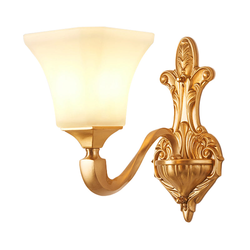 1/2-Bulb Wall Sconce Fixture Traditional Style Bell Shade Frosted Glass Wall Mount Light in Brass Clearhalo 'Wall Lamps & Sconces' 'Wall Lights' Lighting' 275639