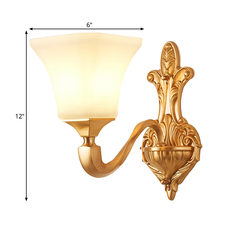 1/2-Bulb Wall Sconce Fixture Traditional Style Bell Shade Frosted Glass Wall Mount Light in Brass Clearhalo 'Wall Lamps & Sconces' 'Wall Lights' Lighting' 275640