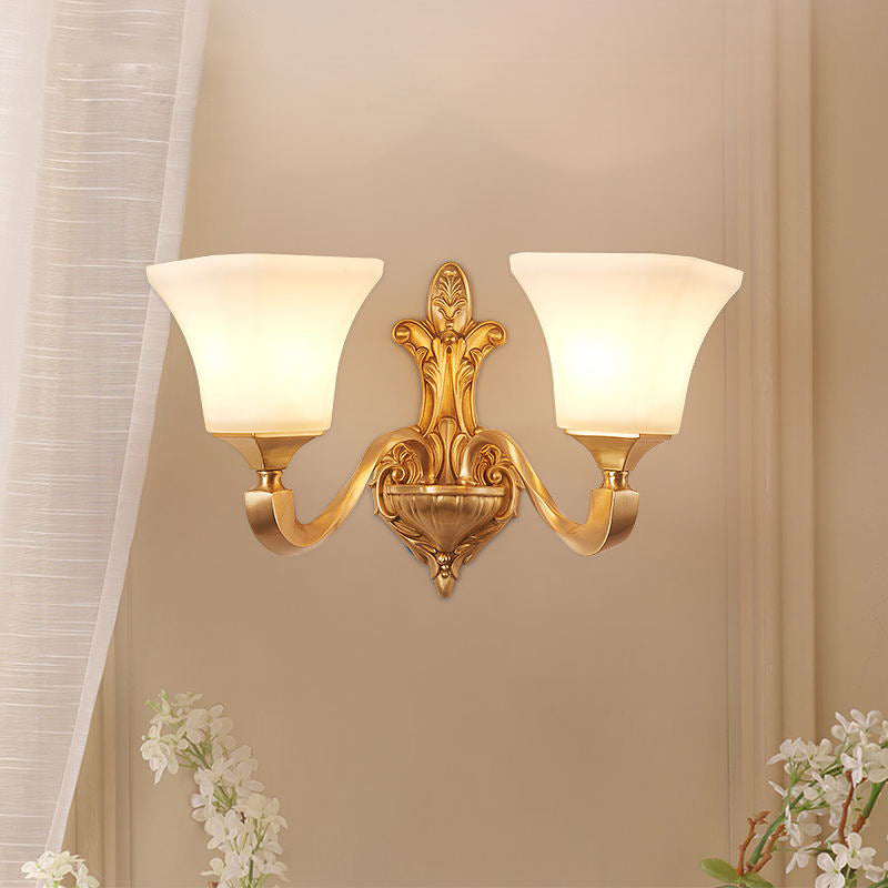 1/2-Bulb Wall Sconce Fixture Traditional Style Bell Shade Frosted Glass Wall Mount Light in Brass Clearhalo 'Wall Lamps & Sconces' 'Wall Lights' Lighting' 275643