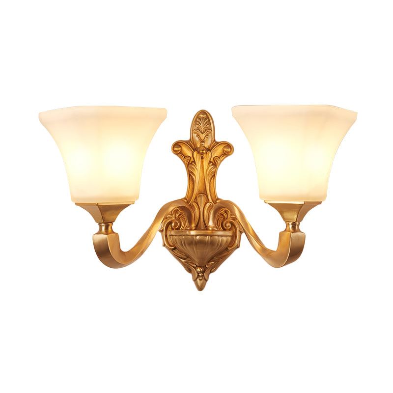 1/2-Bulb Wall Sconce Fixture Traditional Style Bell Shade Frosted Glass Wall Mount Light in Brass Clearhalo 'Wall Lamps & Sconces' 'Wall Lights' Lighting' 275646