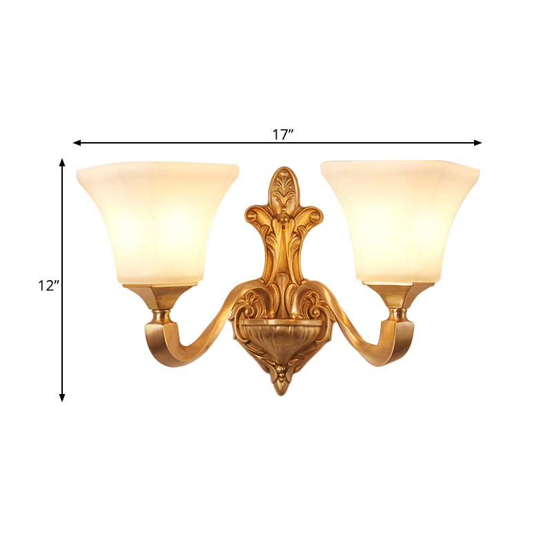 1/2-Bulb Wall Sconce Fixture Traditional Style Bell Shade Frosted Glass Wall Mount Light in Brass Clearhalo 'Wall Lamps & Sconces' 'Wall Lights' Lighting' 275647