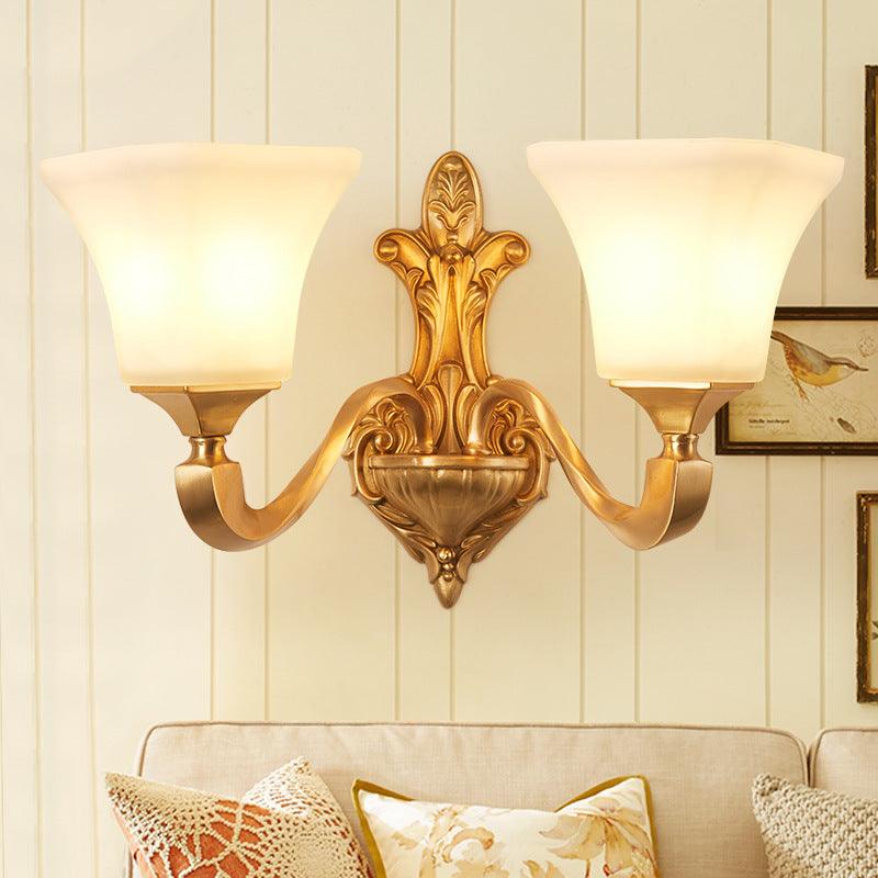 1/2-Bulb Wall Sconce Fixture Traditional Style Bell Shade Frosted Glass Wall Mount Light in Brass 2.0 Brass Clearhalo 'Wall Lamps & Sconces' 'Wall Lights' Lighting' 275648