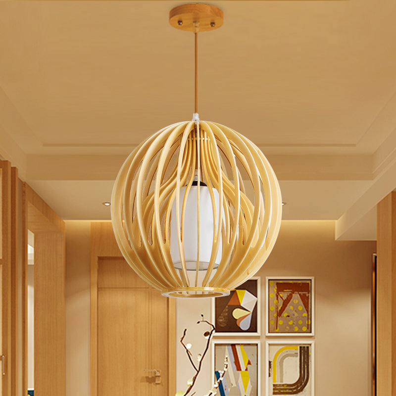 Beige Orb/Hat Hanging Lamp Contemporary 1 Head Wood Ceiling Pendant Light for Restaurant Wood A Clearhalo 'Ceiling Lights' 'Modern Pendants' 'Modern' 'Pendant Lights' 'Pendants' Lighting' 275655