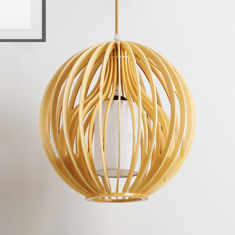 Beige Orb/Hat Hanging Lamp Contemporary 1 Head Wood Ceiling Pendant Light for Restaurant Clearhalo 'Ceiling Lights' 'Modern Pendants' 'Modern' 'Pendant Lights' 'Pendants' Lighting' 275656