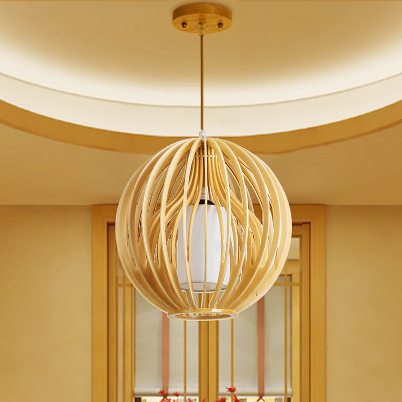 Beige Orb/Hat Hanging Lamp Contemporary 1 Head Wood Ceiling Pendant Light for Restaurant Clearhalo 'Ceiling Lights' 'Modern Pendants' 'Modern' 'Pendant Lights' 'Pendants' Lighting' 275657