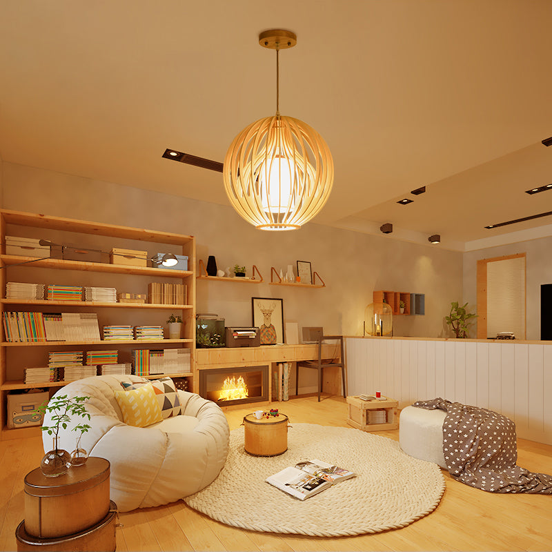 Beige Orb/Hat Hanging Lamp Contemporary 1 Head Wood Ceiling Pendant Light for Restaurant Clearhalo 'Ceiling Lights' 'Modern Pendants' 'Modern' 'Pendant Lights' 'Pendants' Lighting' 275658