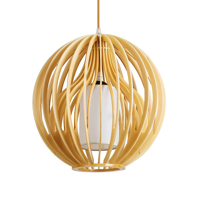 Beige Orb/Hat Hanging Lamp Contemporary 1 Head Wood Ceiling Pendant Light for Restaurant Clearhalo 'Ceiling Lights' 'Modern Pendants' 'Modern' 'Pendant Lights' 'Pendants' Lighting' 275659