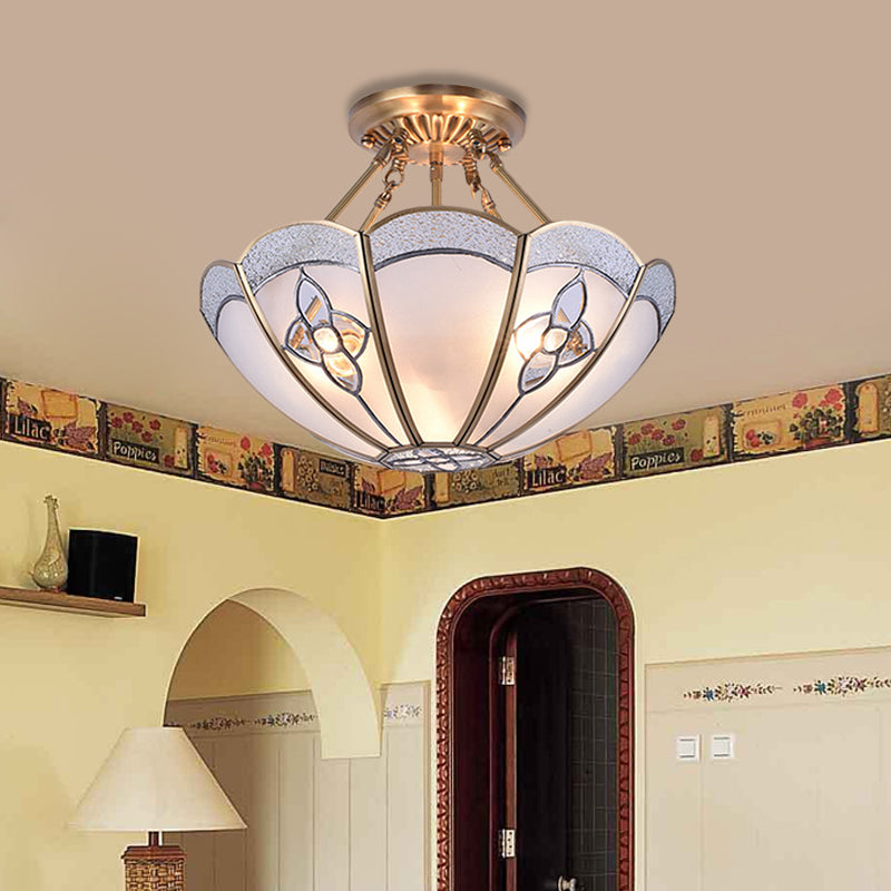 Scalloped Bedroom Semi Flush Mount Antique Metal 4 Bulbs Brass Ceiling Lighting with Curved Frosted Glass Shade Brass Clearhalo 'Ceiling Lights' 'Close To Ceiling Lights' 'Close to ceiling' 'Semi-flushmount' Lighting' 275678