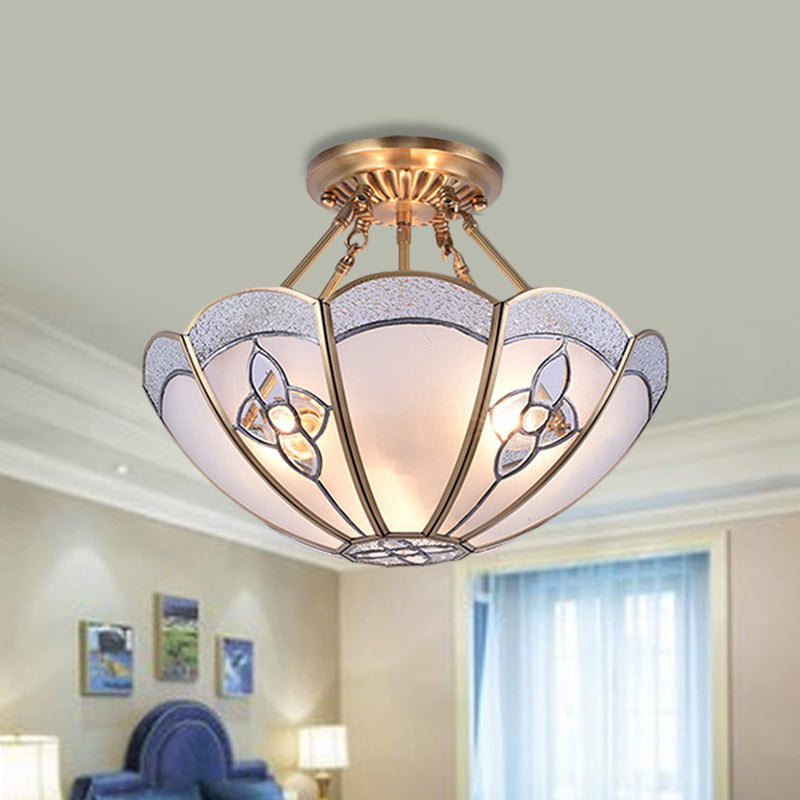 Scalloped Bedroom Semi Flush Mount Antique Metal 4 Bulbs Brass Ceiling Lighting with Curved Frosted Glass Shade Clearhalo 'Ceiling Lights' 'Close To Ceiling Lights' 'Close to ceiling' 'Semi-flushmount' Lighting' 275679